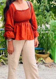 Rust Smocked Square Neck Blouse