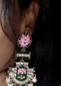 Lotus Green And Pink Meena Kundan Chandbali