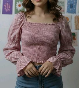 Pink Gingham Long Sleeve Top