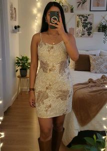 Beige and Brown Sleeveless Mini Dress