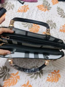 Plaid Satchel Bag With Black And White Canvas Prin