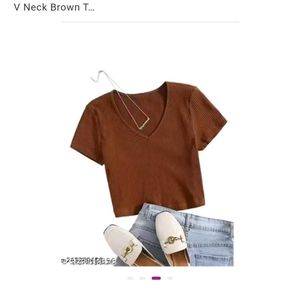 Brown Ribbed V-Neck Tee