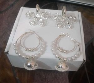 New 2 pairs ofSparkling Silver Tone Earring Set