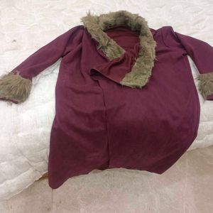 Burgundy Coat with Faux Fur Trim