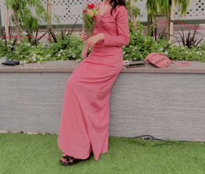 Elegant Rose Pink Ruched Maxi Dress with Full Slee