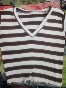 Brown & White Striped V-Neck Top