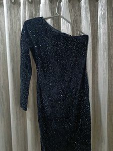 Sequins Work Black One Side Shoulder Party Dress