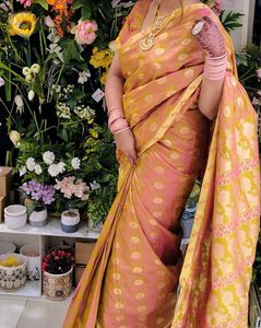 Elegant Peach &amp; Gold Saree