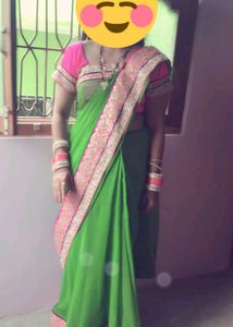 Green & Pink Border Sari With Blouse