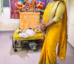 Women Embroidery Yellow Saree And Blouse