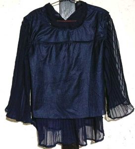 Navy Pleated Sheer Blouse