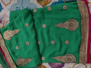 Green &amp; Pink Embroidered Saree