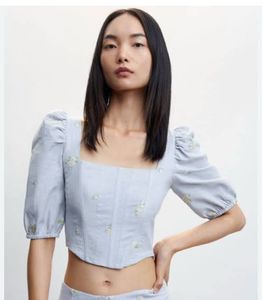 Mango Floral Cotton Linen Smoked Corset Crop Top