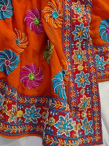 Vibrant Embroidered Orange Sari