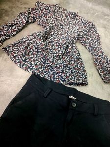 Combo Of Floral Top & Black Pants Set