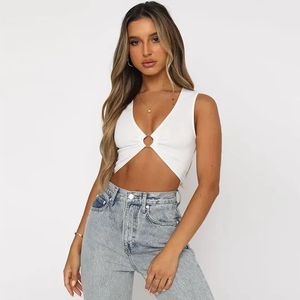 White V Neck Sleeveless Solid Crop Top