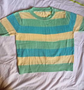 Stripped Cotton Crop Top Crew Neck