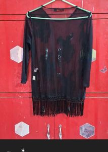 Black Sheer Fringe Top