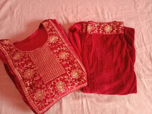 Velvet Maroon Nyra Cut Kurta With Plazo XL Size