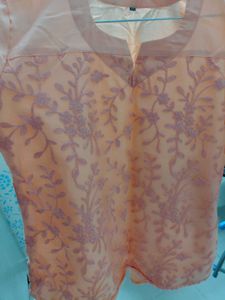Peach Embroidered Up Down Short Kurti