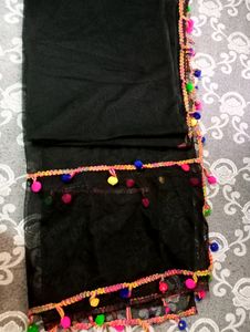 Black Net Duppta With Pom Po