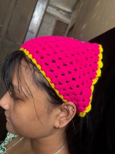Handmade Crochet Cat Ear Hair Bandana Pink Yellow