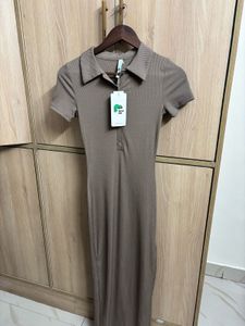Collared Solid Slit Ribbed Brown Dress