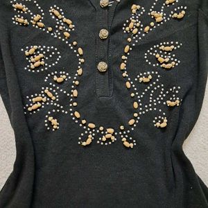 Y2k Black Embellished Long Sleeve Fitted  Top