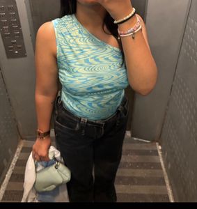 Trendy One-Shoulder blue green tankTop