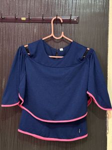 Navy &amp; Pink Cold Shoulder Top