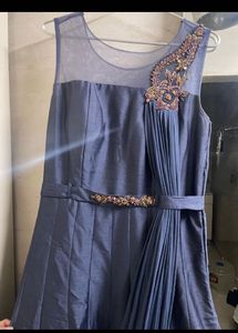 Stunning Metallic Blue Grey Drape Gown- Belt