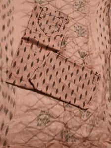 Peach Printed Embroidered Cotton Kurta Set