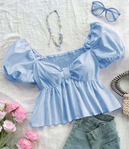 Striped Cotton Fancy Neck Short Sleve Peplum Top