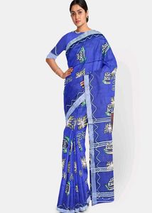 Blue Cotton Saree with Unique Print