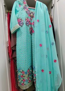 Aqua Embellished Pakistani Suit