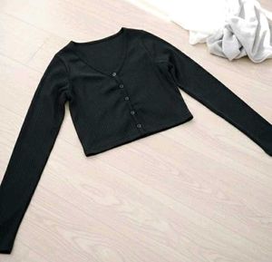 Black Ribbed Button-Down Top