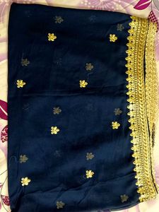 Navy Blue Net Dupatta with Gold Border