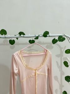 Pink Lace Trim Long Sleeve Top