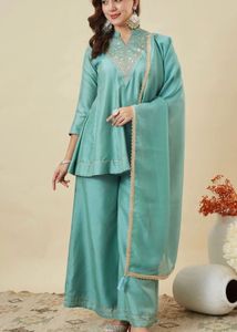 Elegant Teal Kurta Palazzo Dupatta Set