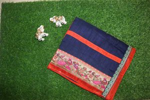 Orange &amp; Navy Saree with Embroidered Border