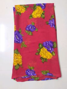 Dark Red Saree With Floral Print And Glitter Touch