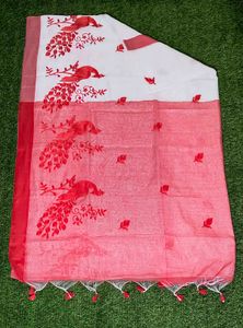 Peacock Handloom Saree - White &amp; Red