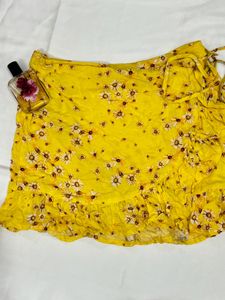 Yellow Floral Print Wrap Skirt