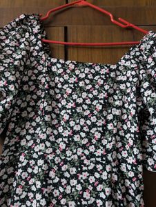 Floral Midi Dress With Slit And Puff Sleeves