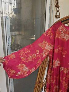 Pink Floral Flowy Dress With Full Sleeves