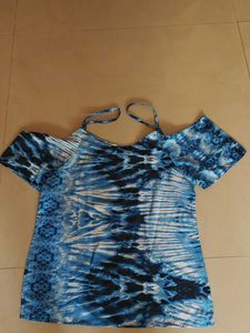Blue Tie-Dye Cold Shoulder Top