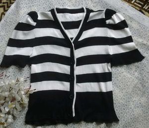 Striped Puff Sleeve Cardigan