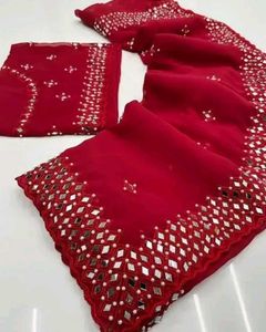 Red Mirror Work Saree
