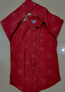 Red Patterned Button-Up Shirt