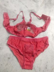 Net Bra Panty Lingerie Set Red Size 32